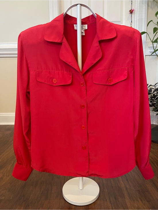 Dior Tops - Christian Dior Red Blouse Size 4 Vintage Shoulder Pads Button Front Polyester